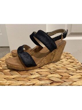 BODEN Black Leather Strappy Cork Wedge Sandal US 6.5 EU 37